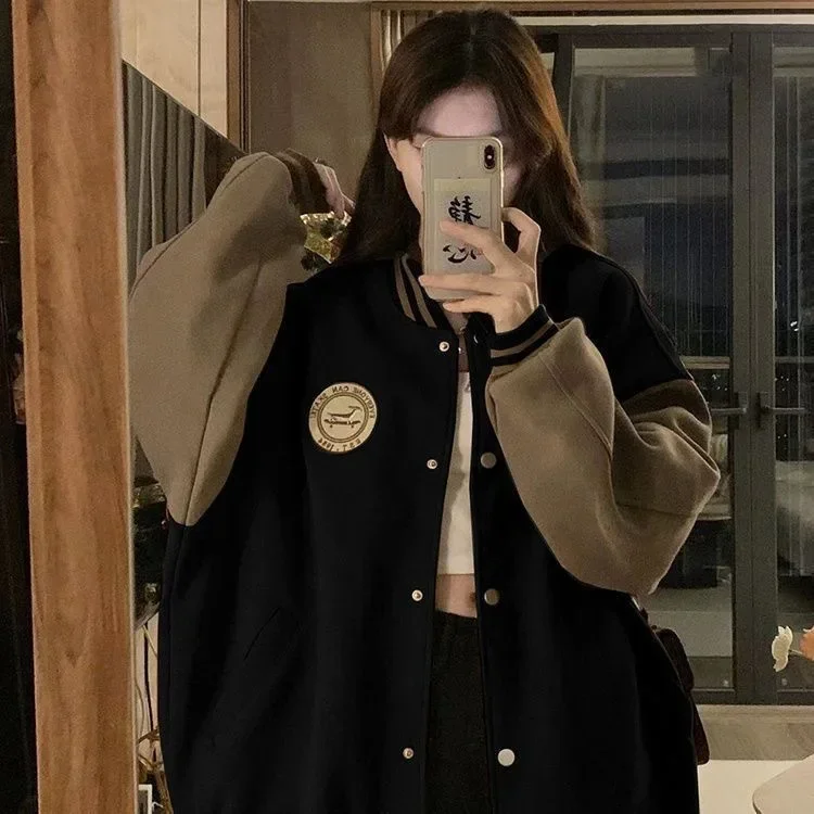 Lazy Style Baseball Jacket for Women in Autumn and Winter, Plush and Thickened Fashion Retro Loose Fitting  Jacket