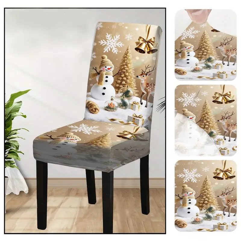 Light Golden Background Snowman Reindeer Golden Christmas Tree Bell Gift Box Snowflake Full Print Dining Chair Slipcover