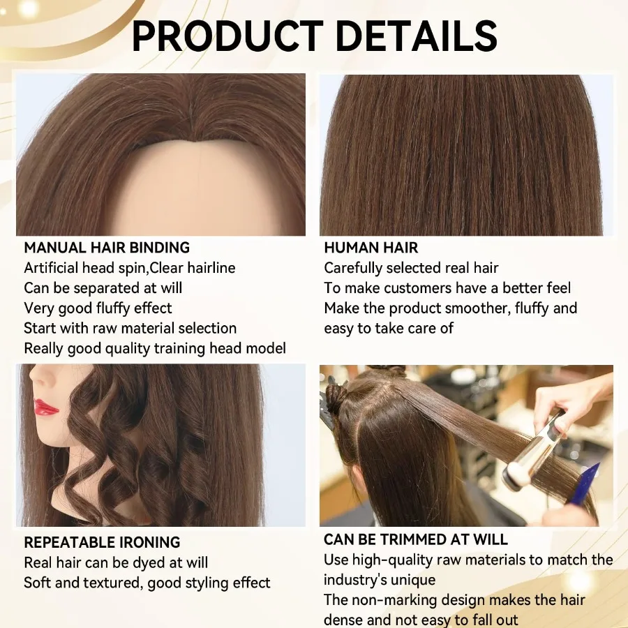 Cabeza de maniquí realista con 100 cabello humano para práctica de peinado con un diseño de abrazadera segura y featu facial realista