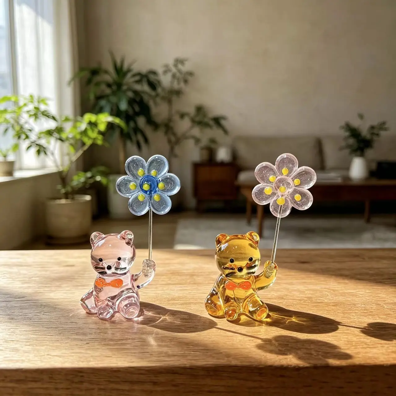 Japanese-Style Glass Kitten Paperweight with Flower Figurines Crystal Cat Ornament for Home Decor Art Collectible