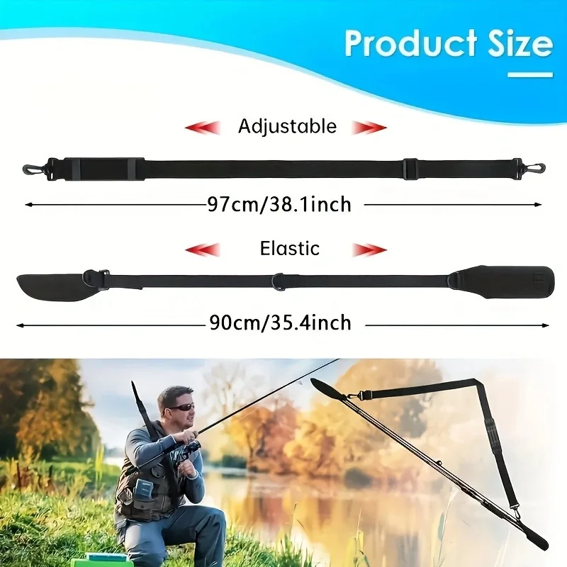 1 حزام صنارة صيد من البوليستر الأسود قابل للتعديل، حامل صنارة صيد محمول متعدد الوظائف على الكتف الخلفي