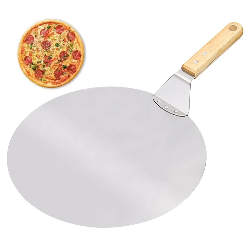 12-inch stainless steel pizza peel, 10-inch cake spatula, large round pizza transfer peel with wooden handle, cake transfer