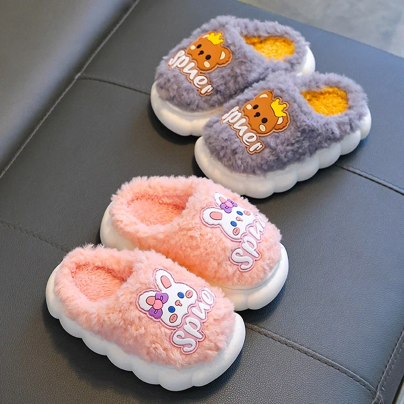 New Winter Cute Cartoon Rabbit Bear Children\'s Warm Non-slip Fluffy Slippers For Girls Boys Home Indoor Mule Kids Cotton Shoes