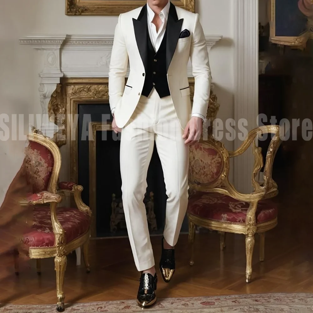 

Luxury Men Suit Wedding Groom Tuxedo 3 Pieces Jacket Pants Vest Business Casual High Quality Male Blazer Set Trajes Para Hombre