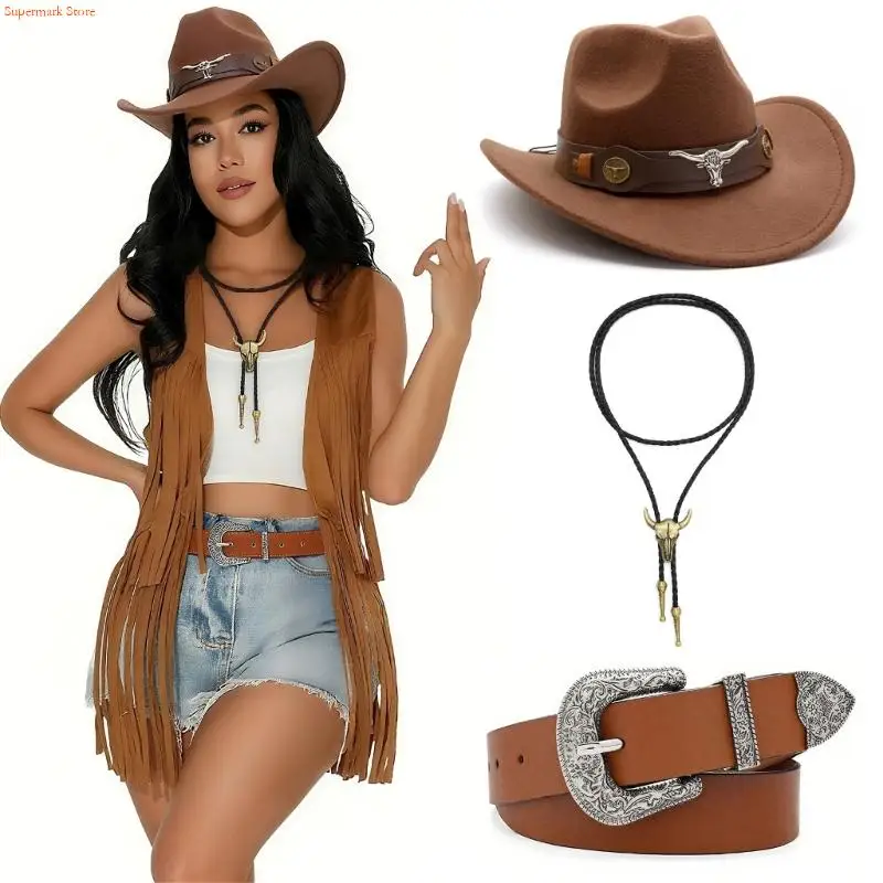

Q5WE Western Outfits Cowgirl Hats Necklace Western Cowgirl Costume Accessories for Halloween Party Dressing Up Pretend Play
