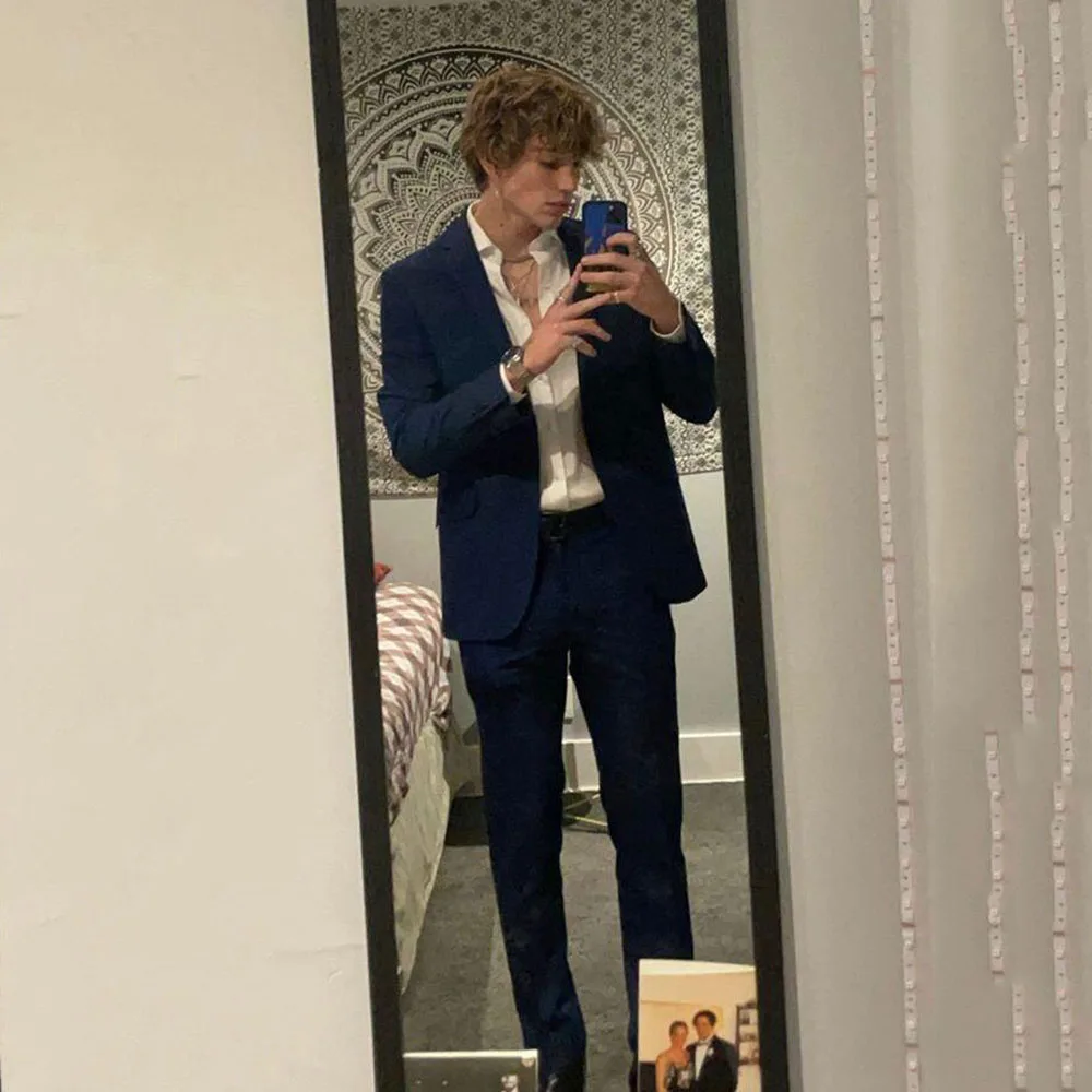 

Luxury Navy Men Suit Formal Occasion Notch Collar 2 Pieces Jacket Pant High Quality Skinny Customize Male Clothing Stylish