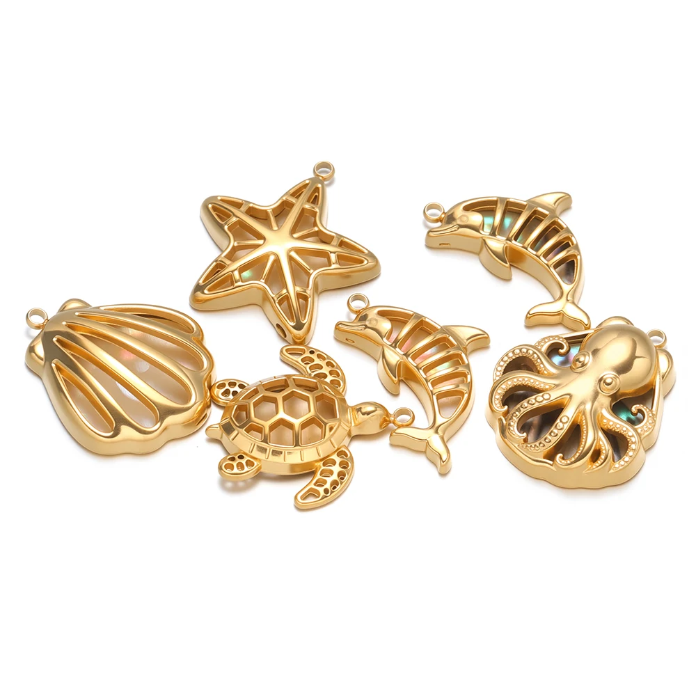 3 piezas de dijes de acero inoxidable con forma de estrella de mar, tortuga, delfín y pulpo, para la fabricación de joyas DIY, collares, colgantes y pendientes