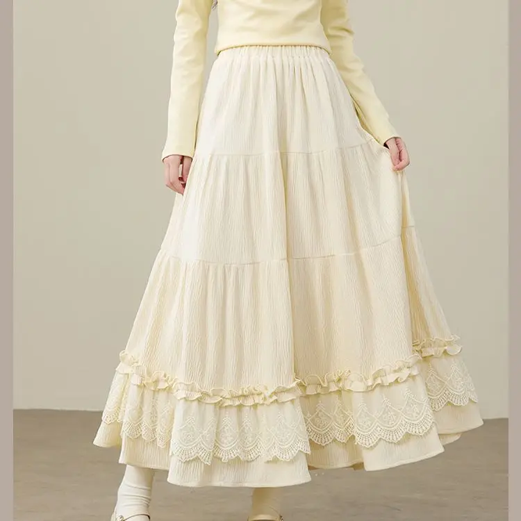 

Apricot cake splicing lace skirt autumn and winter versatile a-word skirt long skirts for women Regular Fit