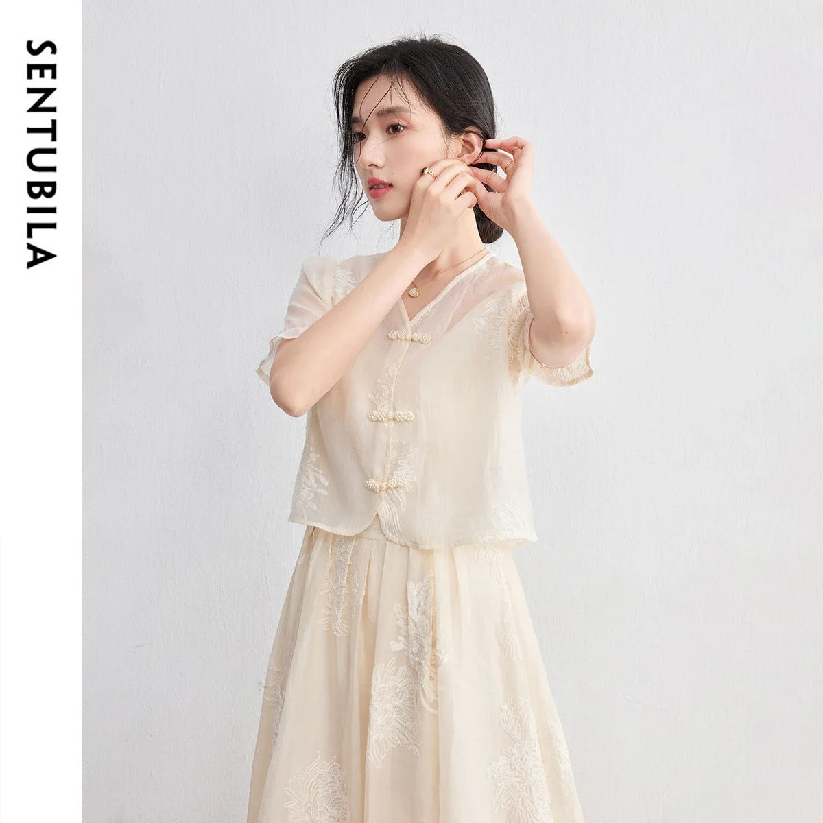 SENTUBILA Women Beige Two Piece New Chinese Style Embroidered V Neck Top Midi Slip Dress Set 2026 Summer Matching Sets 152ZC2797