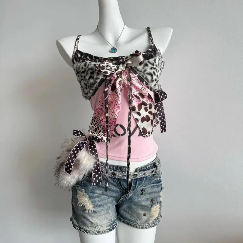 American Harajuku Hottie Camisole Subculture Leopard Patchwork Bow Halter Vest Y2K Aesthetic Letter Print Tanks Women's Slim Top