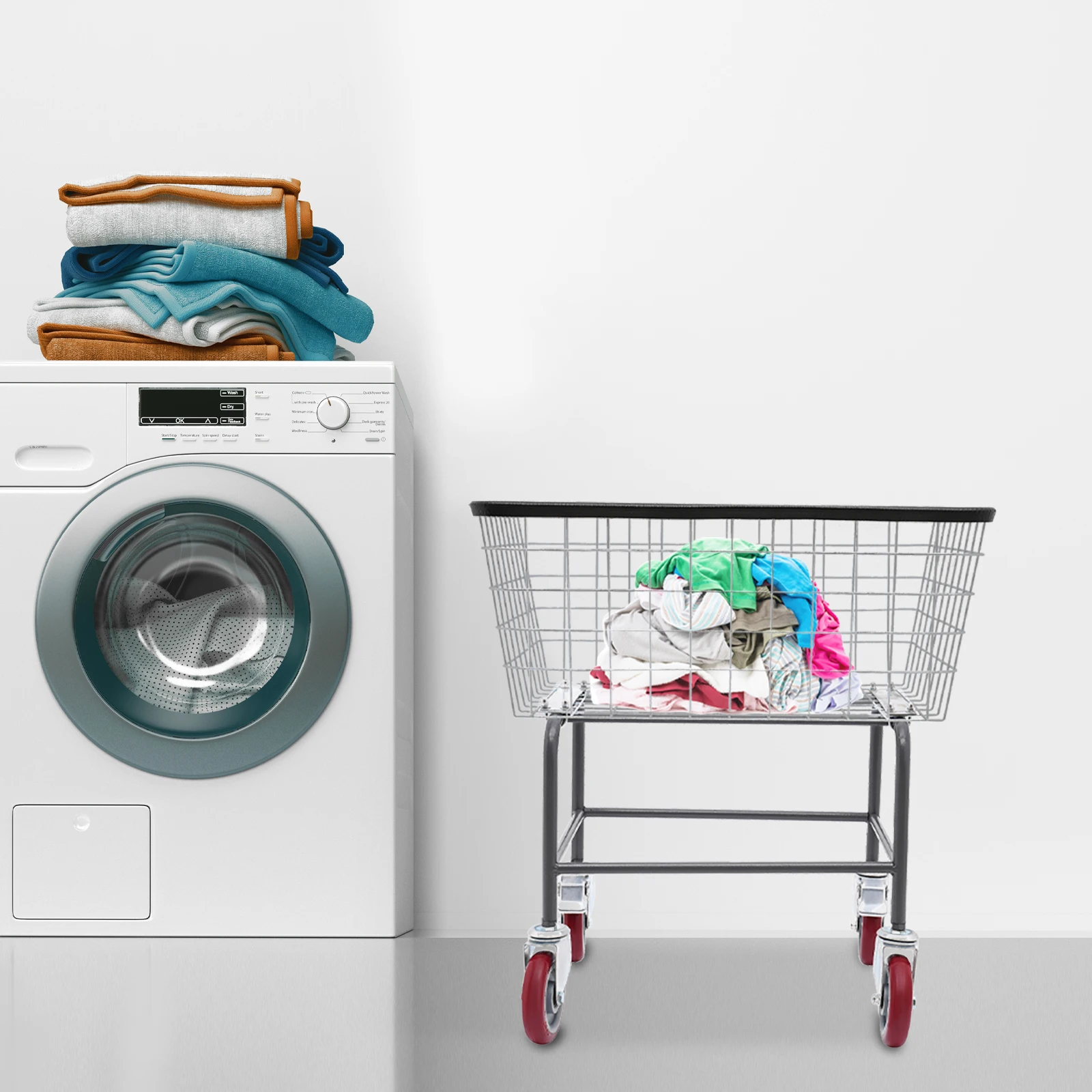 تحميل 50 كجم سعة كبيرة، عربة غسيل أسلاك الفولاذ، مع عجلات الفرامل، عربة سلة الغسيل التجارية، سلة متحركة قابلة للفصل