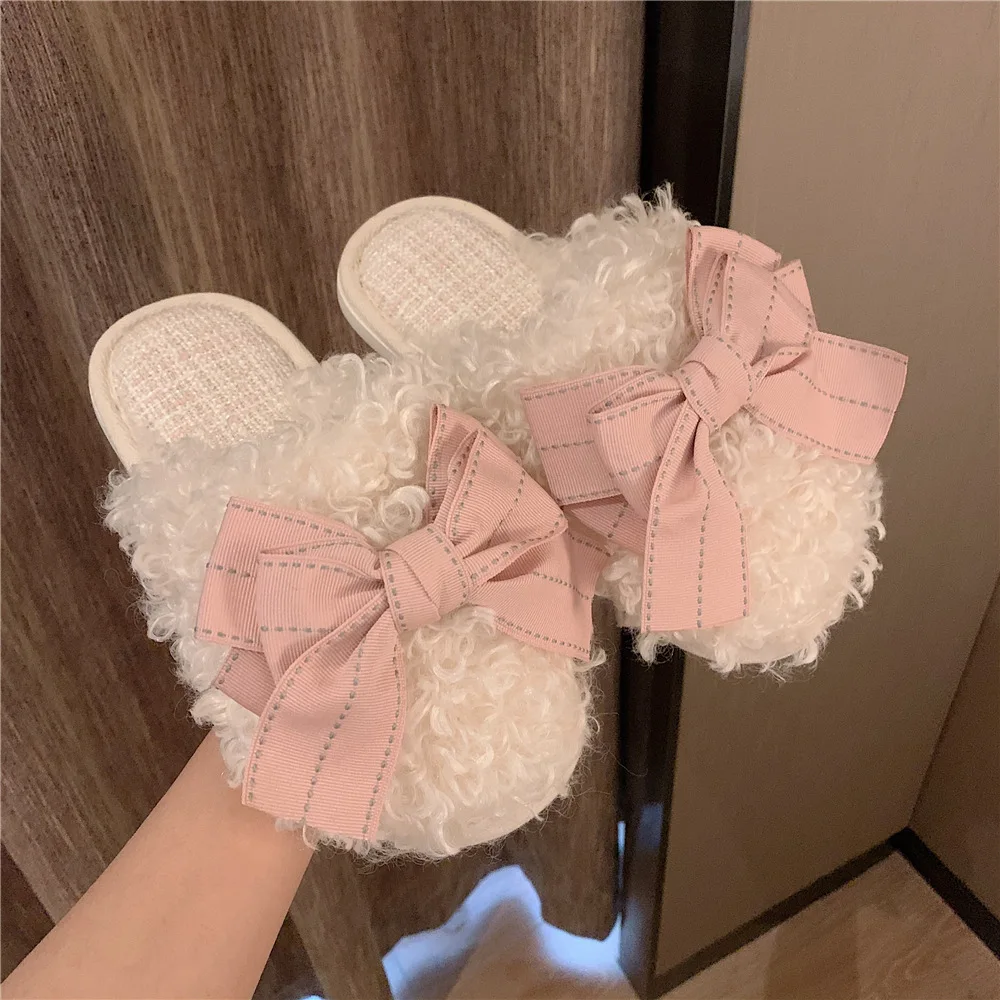Anti Slip Fuzzy bow tie Slippers for Women in Autumn and Winter Warm Home Anti-slip Comfortable Thick Soles Cotton Slippers
