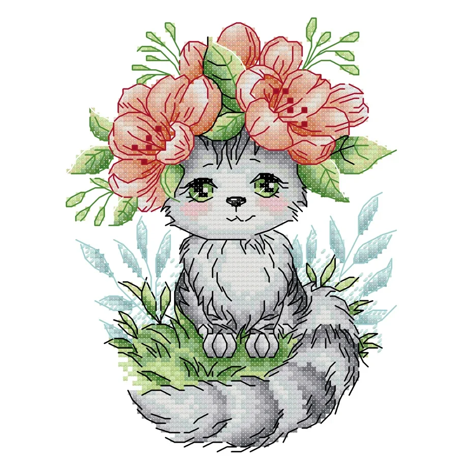 Joy Sunday Cross Stitch Kit Cat Wearing Flowers 11CT 14CT Animal Printed Fabric Cross Stitch Kits Stamped Embroidery Craft Kit