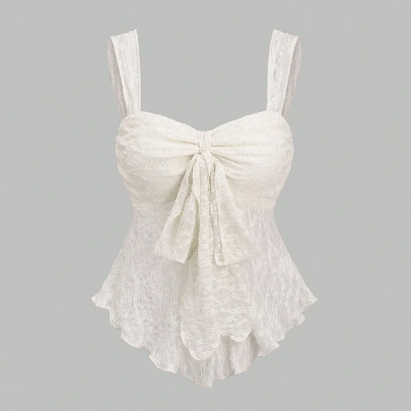 French Style Solid Color Lace Jacquard Cami Vest With Bow Waist Cinching Crop Top Gentle Pure And Elegant