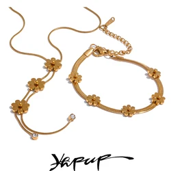 Yhpup Fashion Stainless Steel Metal Flower Chain Necklace Bracelet 18K Gold Color PVD Plated Waterproof Charm Jewelry Gift