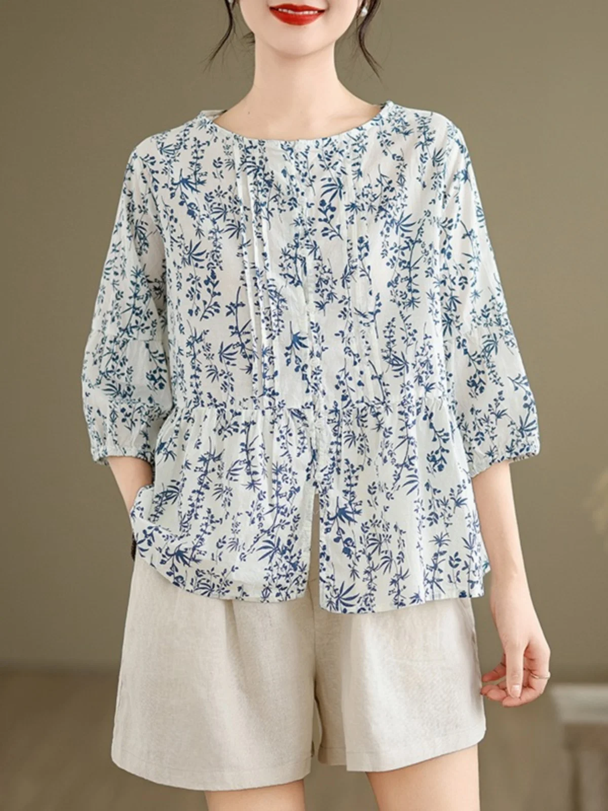 

Summer Lightweight Casual Loose A-Line Pleated Linen Floral Print irt Women's Doll Top Vintage Commute Sle round Ne Sev...