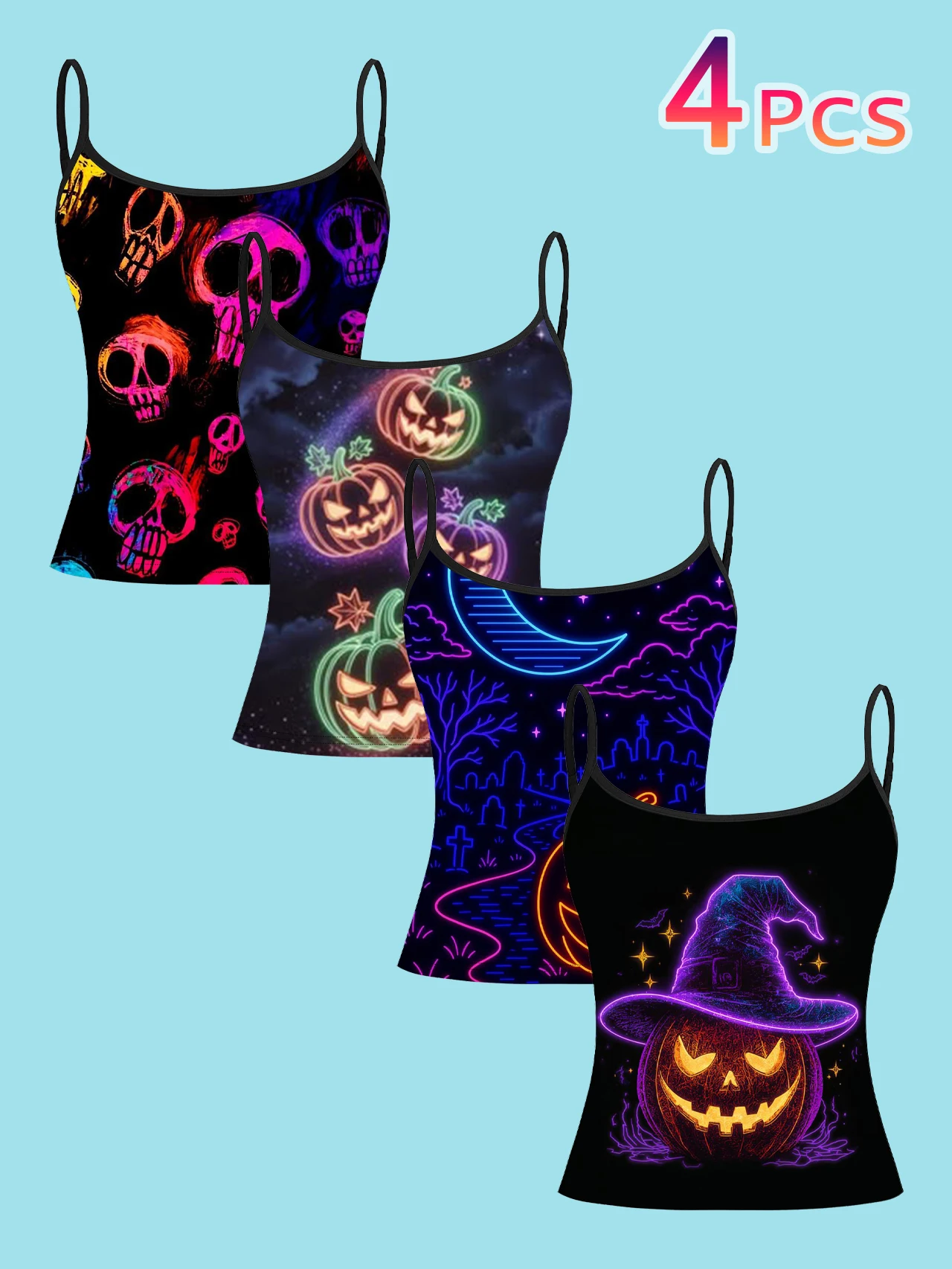 4-Piece Set of Halloween Neon Skeleton Pumpkin Women's Camisoles: Black Fluorescent Skeleton, Colorful Glowing Pumpkin, Neon Moon Tombstone, Witch Hat Glowing Pumpkin Print Slim-Fit Spaghetti Strap Short Camisole Tops