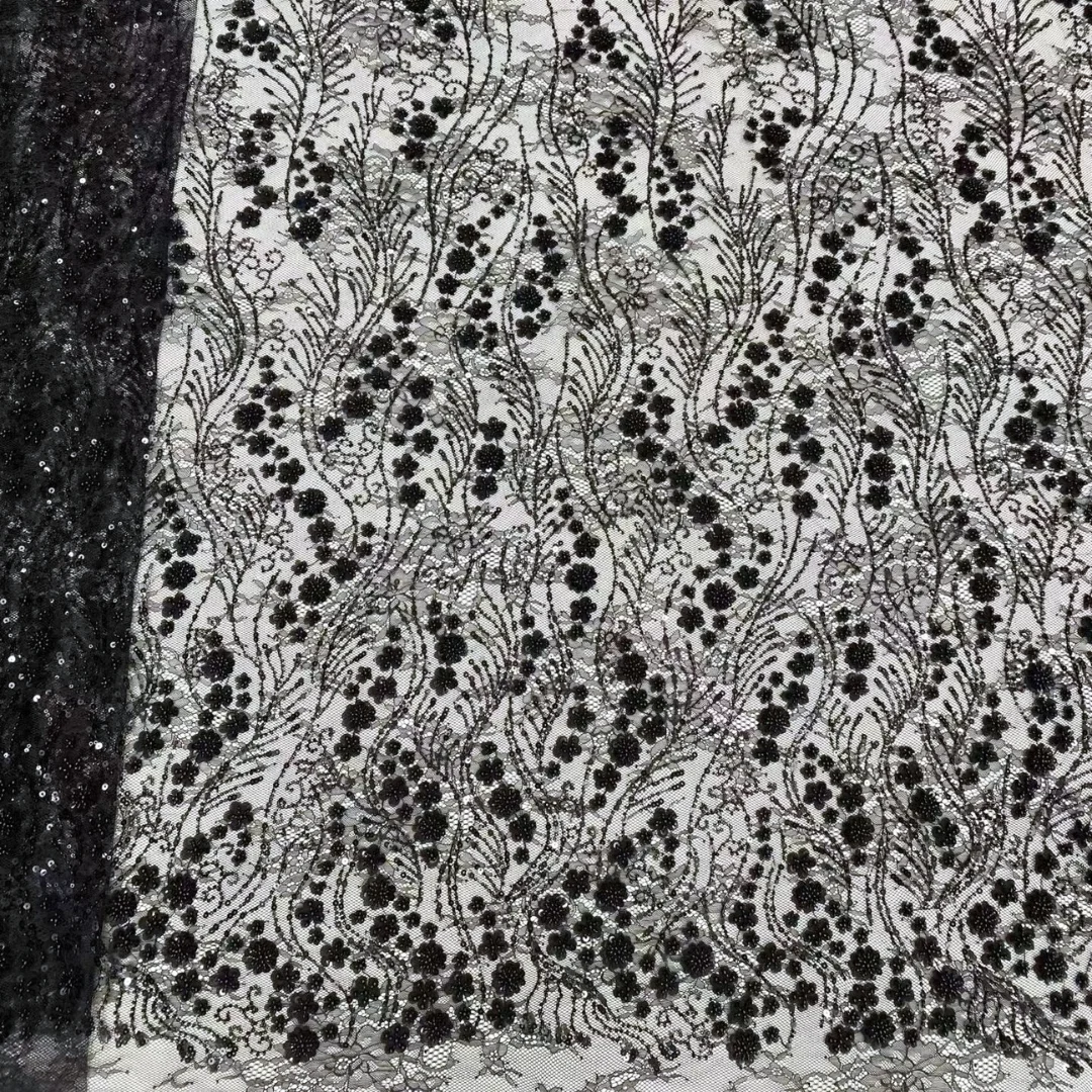 

Latest Lace Fabric High Quality 2026 Black Floral Embroidered Lace With Sequins And Beads For Tissus Couture Wedding Dresses