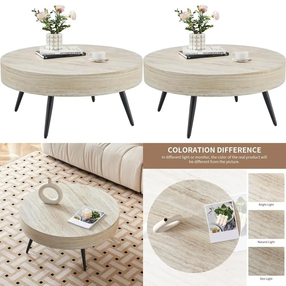 

Круглый журнальный столик с металлическими ножками и деревянной столешницей из мрамора для гостиной или офиса, простая сборка