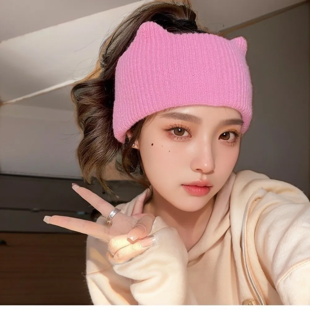 Cute Wide-brimmed Cat Ears Headband Face Wash Ear Protection Elastic Hair Bands Solid Color Head Wrap Female