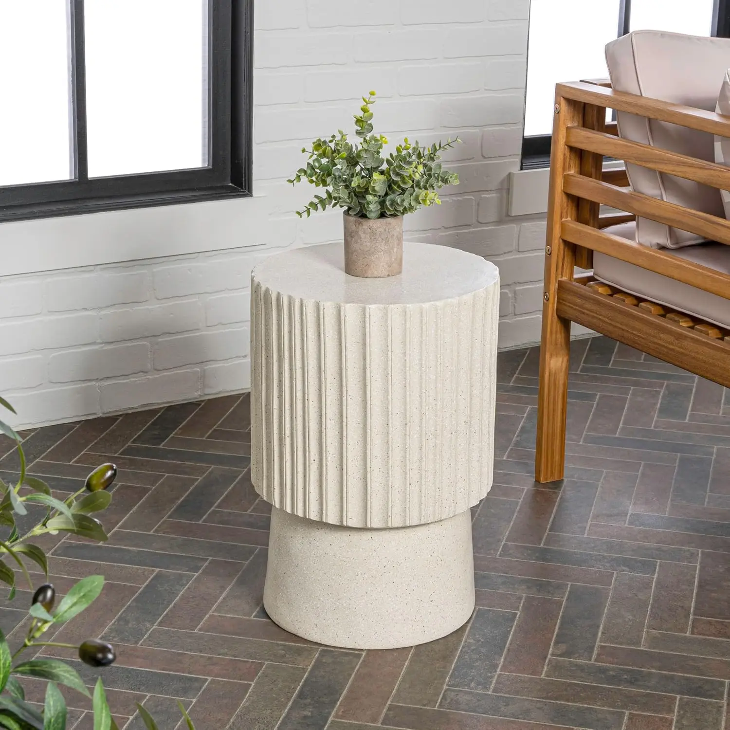 Fluted Outdoor Accent Table All Weather Cream Terrazzo Pedestal Garden Stool Small Round Side Table For Patio Porch And Living Room Heavy Duty Cylinder End Stand For Home Decor