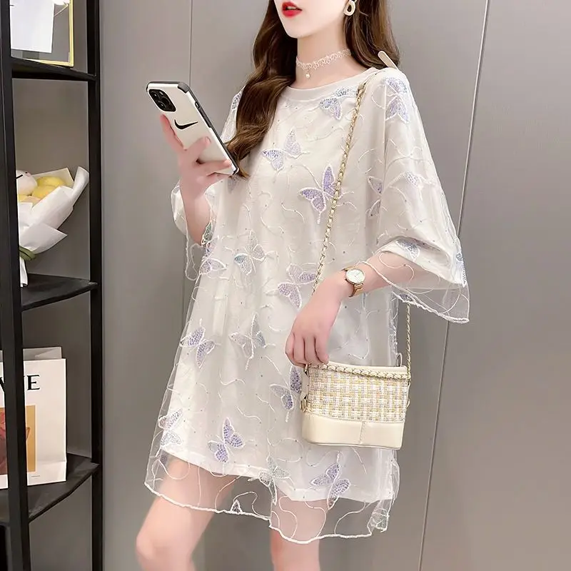 Women Summer Korean Fashion Loose Net Yarn Patchwork Large Size O-neck Short Sleeve T-Shirt Ladies Casual Appear Thin Top Tee