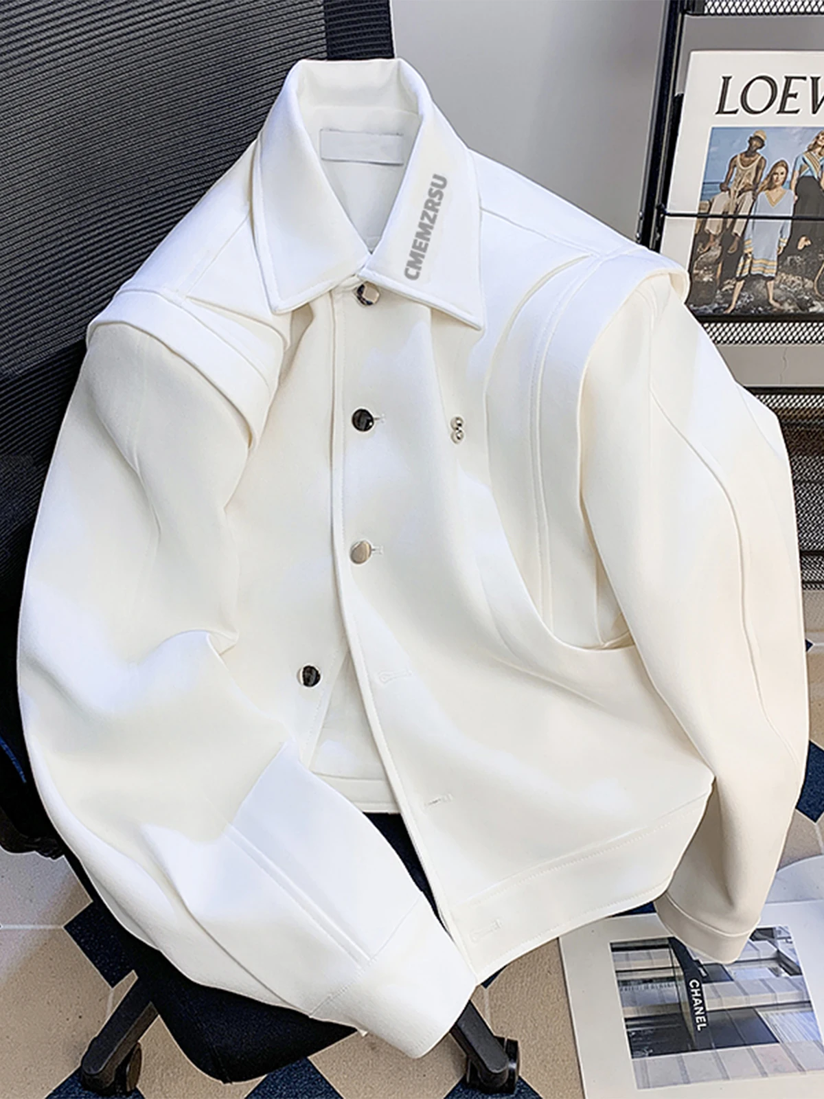 Men's Jacket Shoulder Pad White Short Scimitar Sleeve High-end Motorcycle Metal Decorative Deconstructed Top Chic Mens Clothing