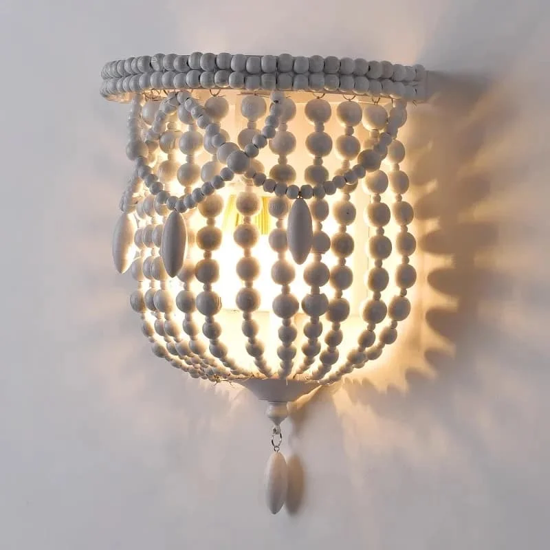 Vintage white wall lights with wooden beads for living room Antique gold crystal beads wall sconce lights for bedroom bedside
