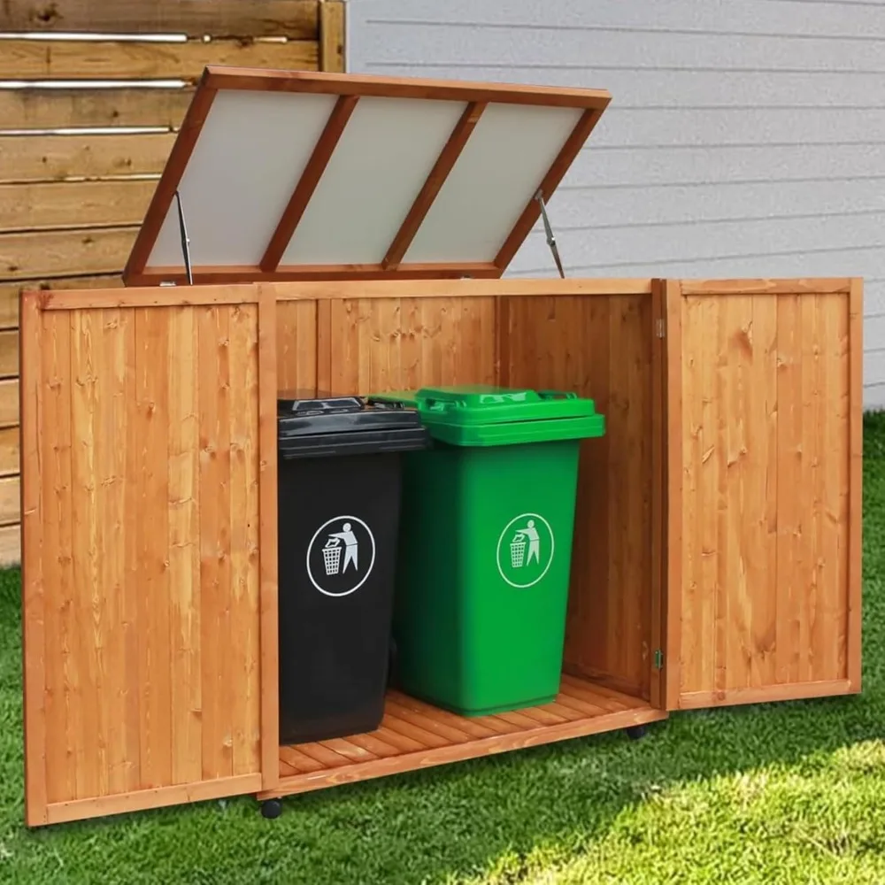 4x2 FT Wooden Outdoor Trash Can with Lid, Horizontal Storage Shed with Lockable Door and Removable Wheel, Outdoor Storage Box