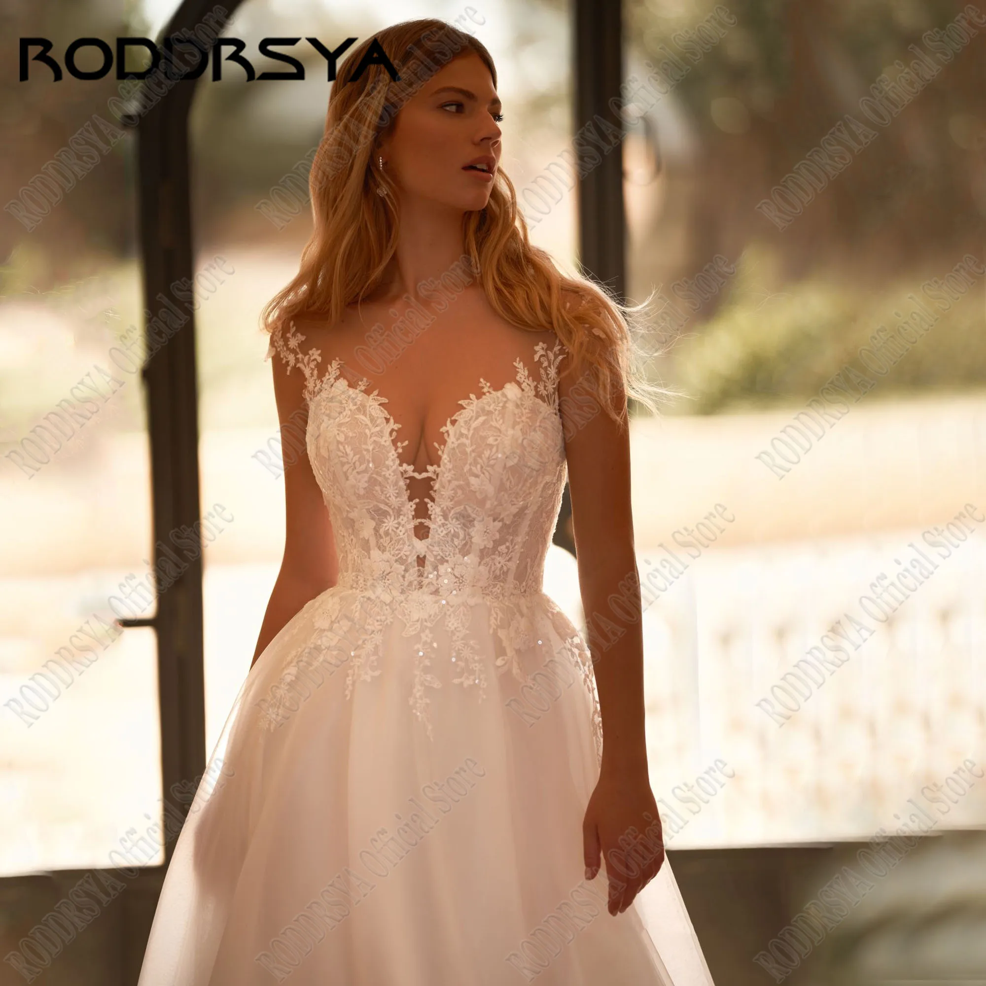 RODDRSYA-Robe de mariée bohème personnalisée, robe de mariée, mancherons, patients à sequins, tout ce qui est transparent, tulle trapèze, éducatif, 2024Roddrsya bohème robe de mariée chapeau de mariée manches paillette