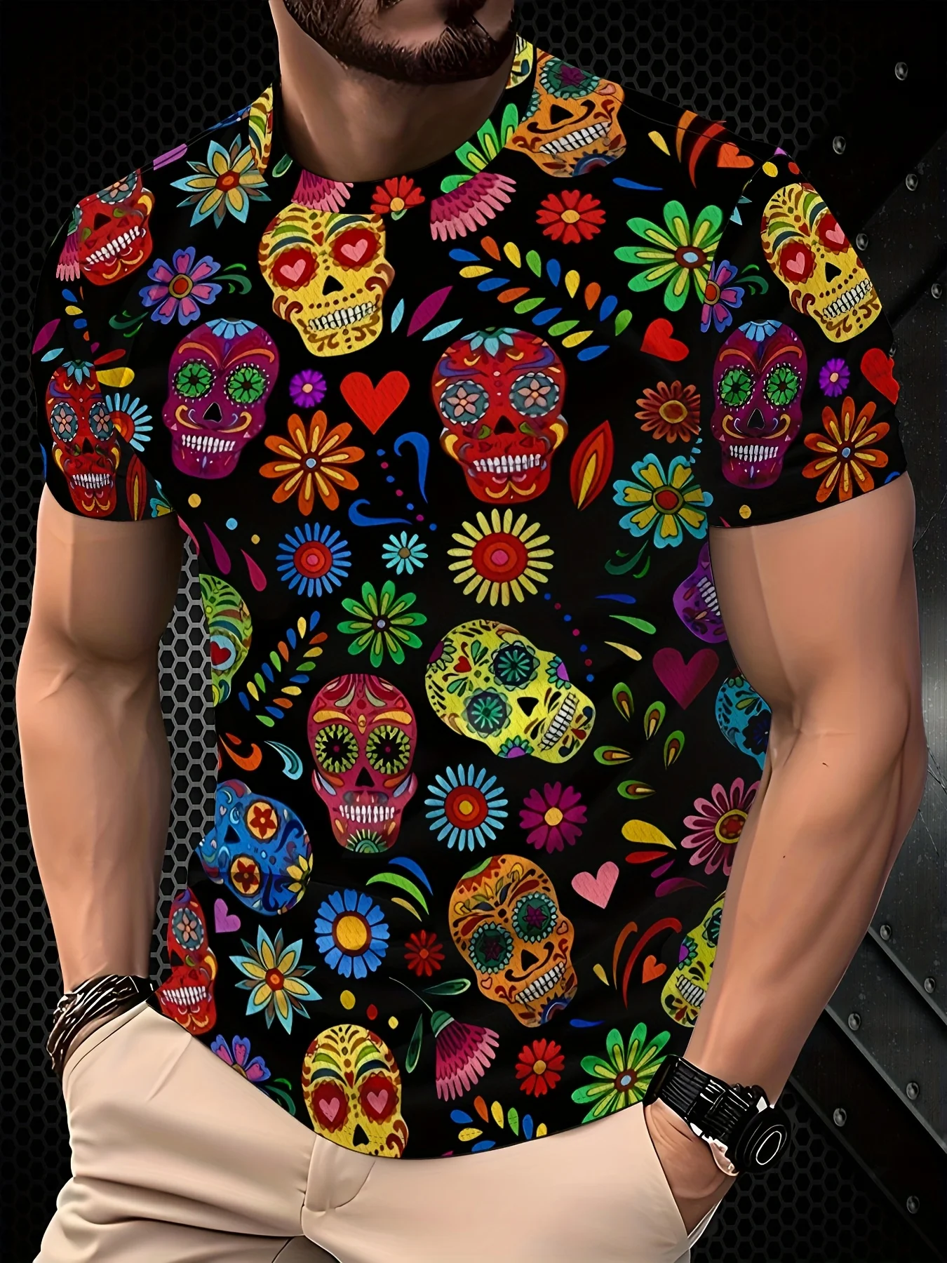 Men Short Sleeve T‑Shirt Mexican Day Of The Dead Sugar Skull Floral Print Crew Neck Casual Tops