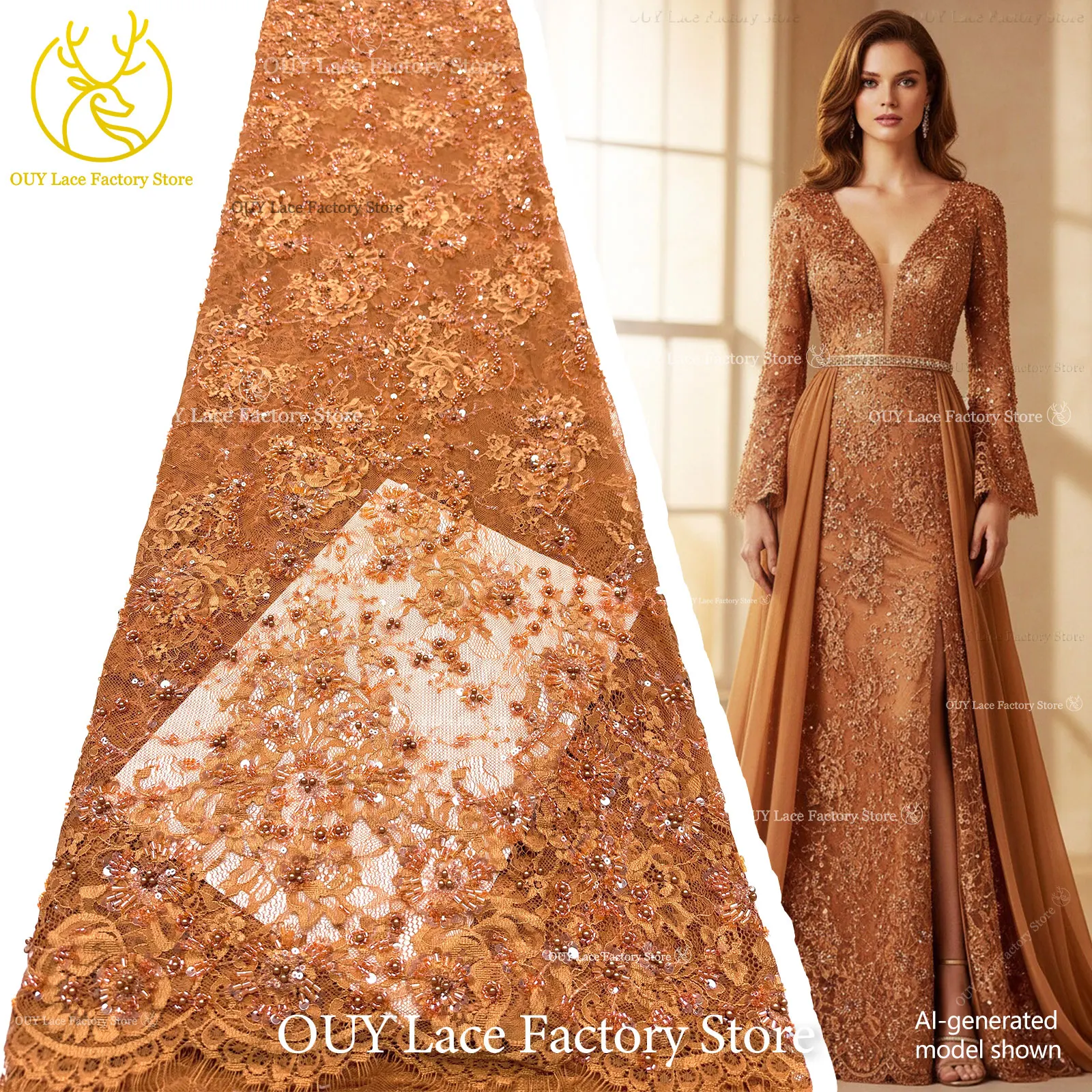 3 Meters Exquisite Pearl Beaded Lace Fabric African Sequins Scattered Flower Embroidery Lace Fabric For Sewing Wedding Dress