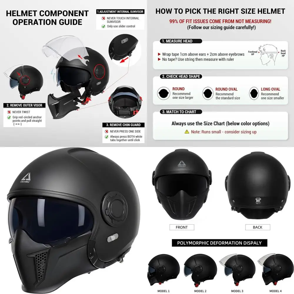 

Men's & Women's Full Face Motocross Helmet - Dual Visor with Sunshield, DOT Approved (Black, Size S)
