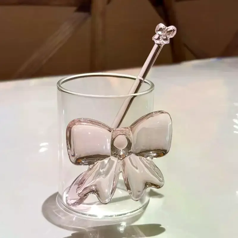 Pink Bow Glass Coffee Spoon, Long-handled Dessert/milk Tea Stirring Spoon, Heat-resistant Teaspoon, Household Kitchen Tool.