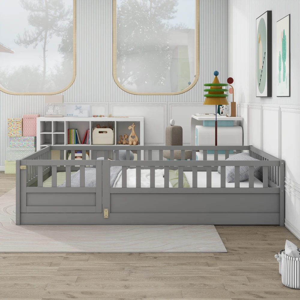 Full Size Montessori Wooden Floor Bed Frame: Integral Construction, High Security Barrier, Door, Grey (Patented Model)