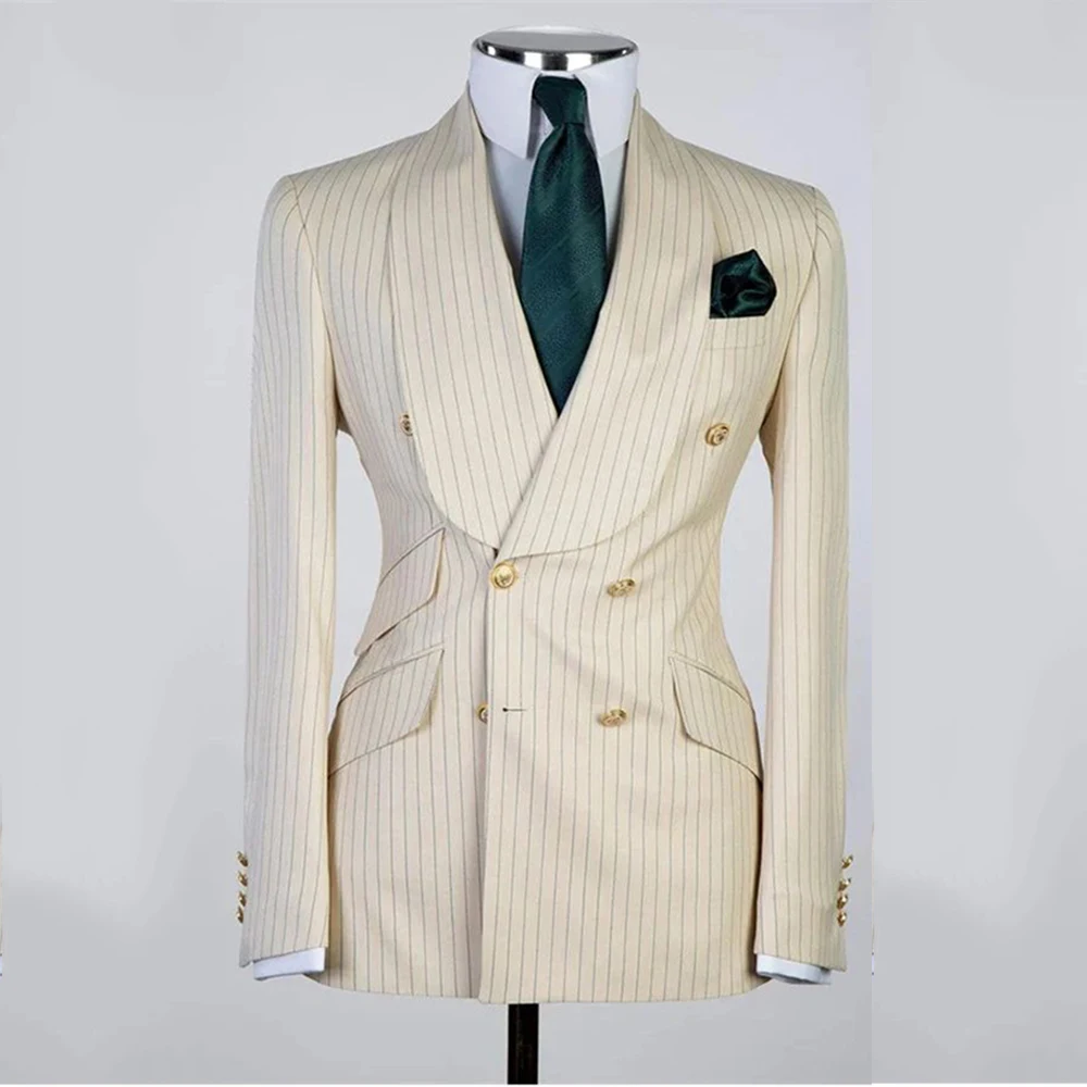 

Gorgeous Beige Striped Men's Suits Double Breasted 2 Pieces Jacket Pants Blazers Sets Formal Office Banquet Party Costume Homme