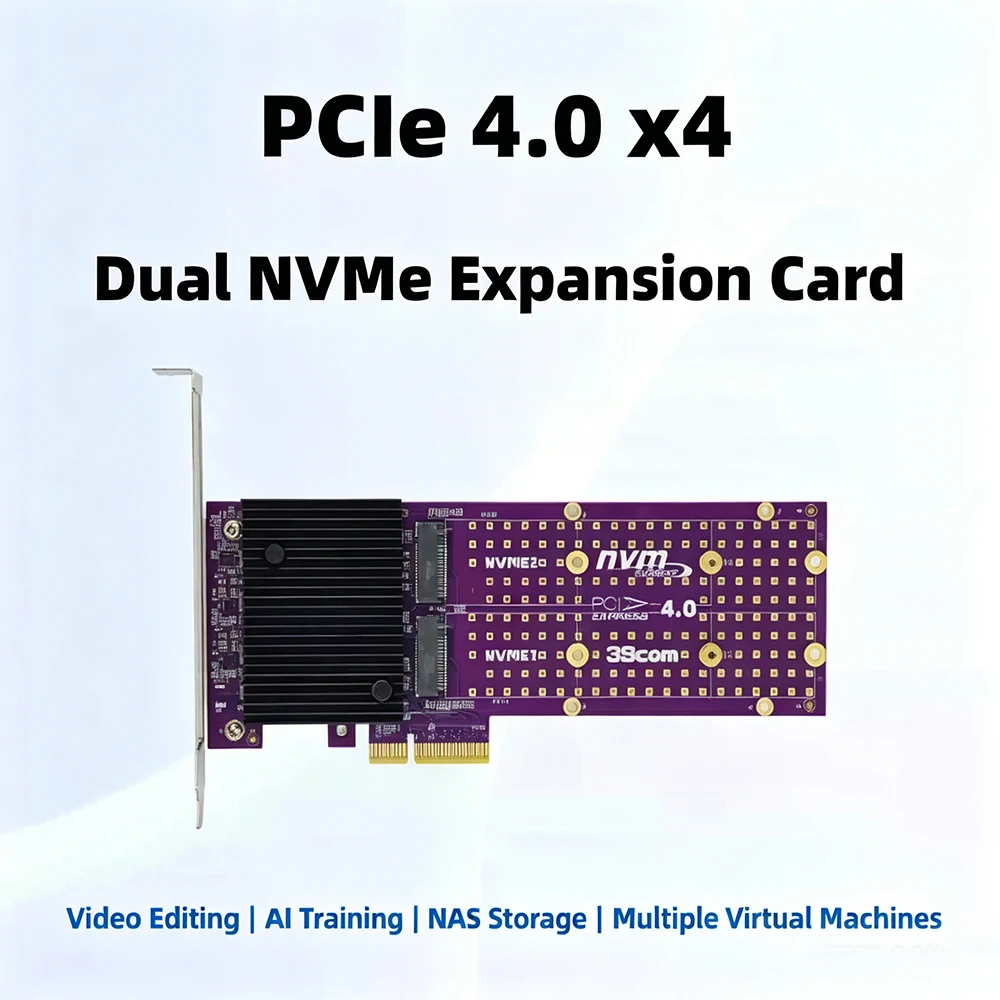 Dual M.2 NVMe PCIe4.0 X4 Adapter Expansion Card ASM B650 No Bifurcation + Heatsink for 2242/2280/22110 SSD NAS AI Video Server