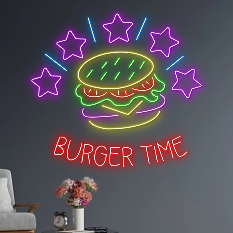 Burger Tempo Neon Sign para Burgers Shop, Fast Food, Decoração interior, LED Neon Signs, Restaurante Wall Art, Luz personalizada do negócio