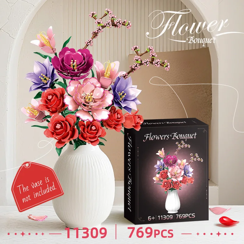 

MOC Romantic Wedding Bouquet Oncidum Lisianthus Rose Flower Building Blocks Set Potter Plant Vase Doctor Toys For Children Gifts