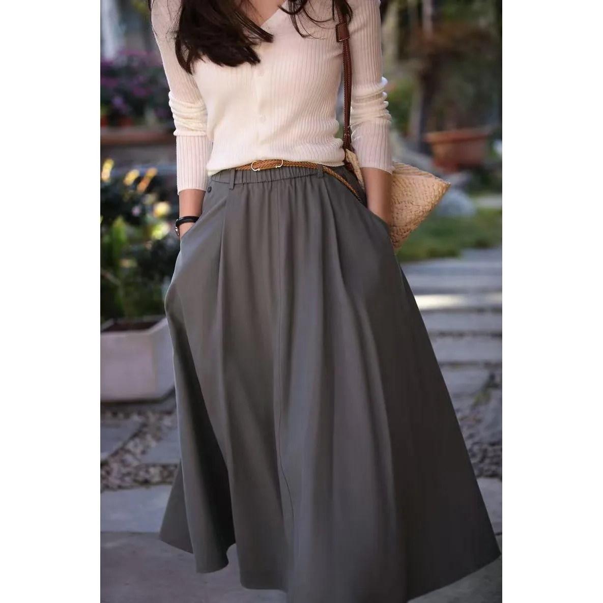 

Универсальная хлопковая юбка-зонтик средней длины с поясом, весна 202, утягивающая юбка трапециевидной формы f длиной для бизнеса и дома