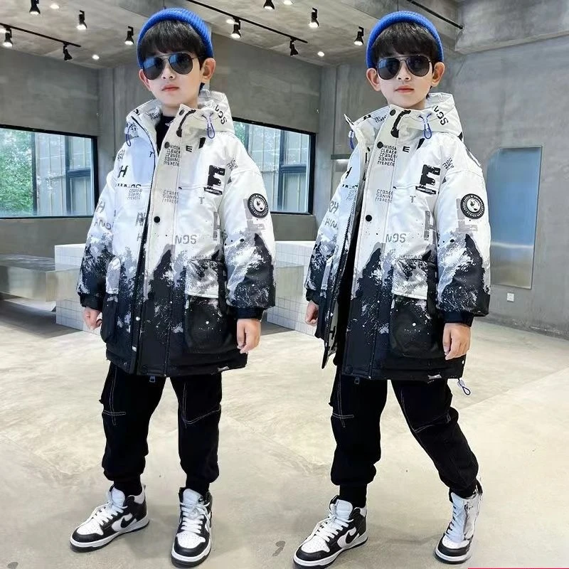 

Зимнее утепленное хлопковое пальто для мальчиков, новинка 2025 года, стильная стильная зимняя куртка на хлопковой подкладке для больших детей 13-15 лет