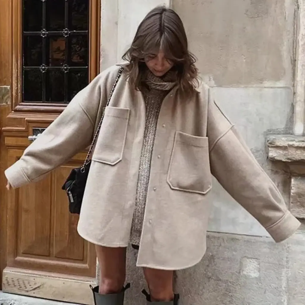 

Женская большая свободная шерстяная куртка BF, однобортная утолщенная рубашка с лацканами и большим карманом на осень и зиму