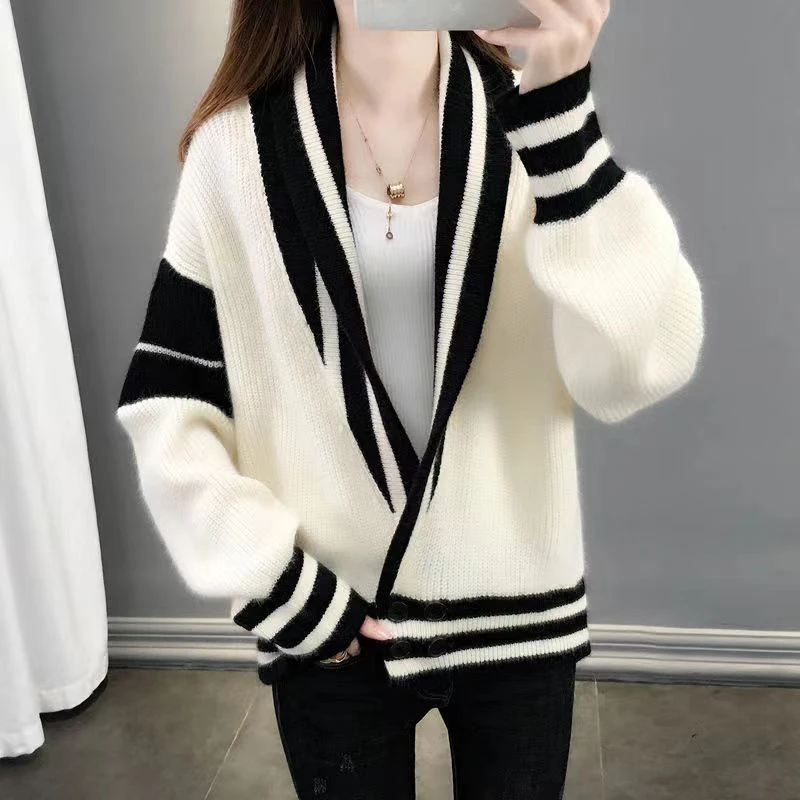 Patchwork Sweater Women Knitted Loose Elegant Black White Fashion Cardigan Lazy Strip V-neck Long Sleevekorean Female Jumpers