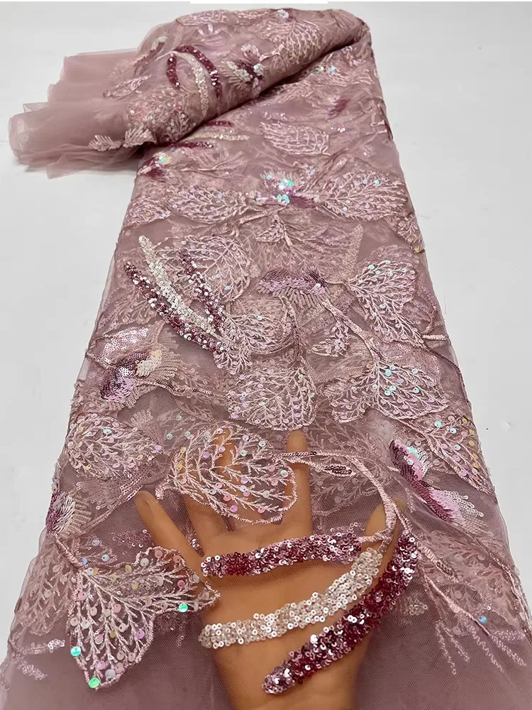 

2-ярдовая новая сетчатая ткань с вышивкой в виде листьев и бабочек, с бисером и пайетками, для пошива одежды, вечерних платьев и нарядов.