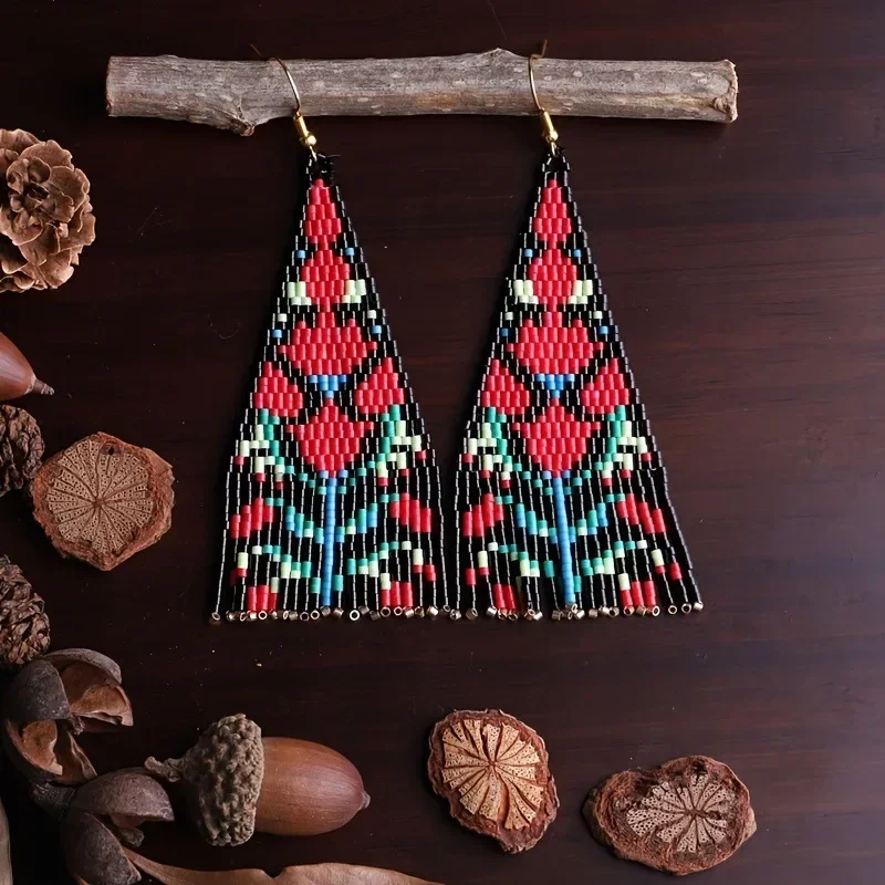 Bohemia Rice Bead Earrings Rose Red Tassel Hand-Woven Simple Beaded Earrings Creative Personality female National Style Jewelry