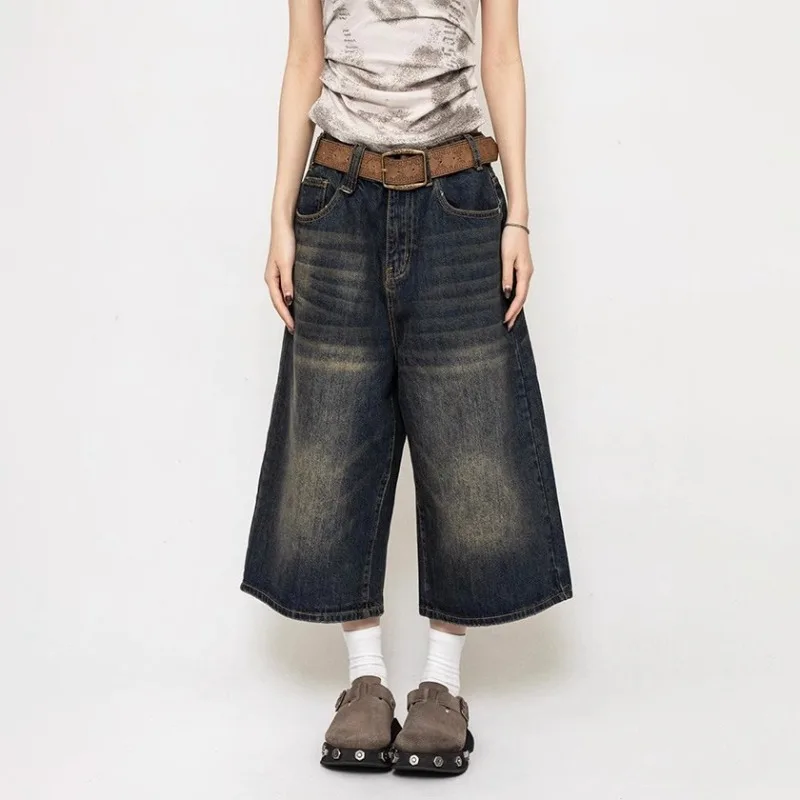 Men Vintage Cropped Wide Leg Jeans American Retro Denim Culottes Loose Baggy Denim Trousers Fashion Streetwear Casual Pants