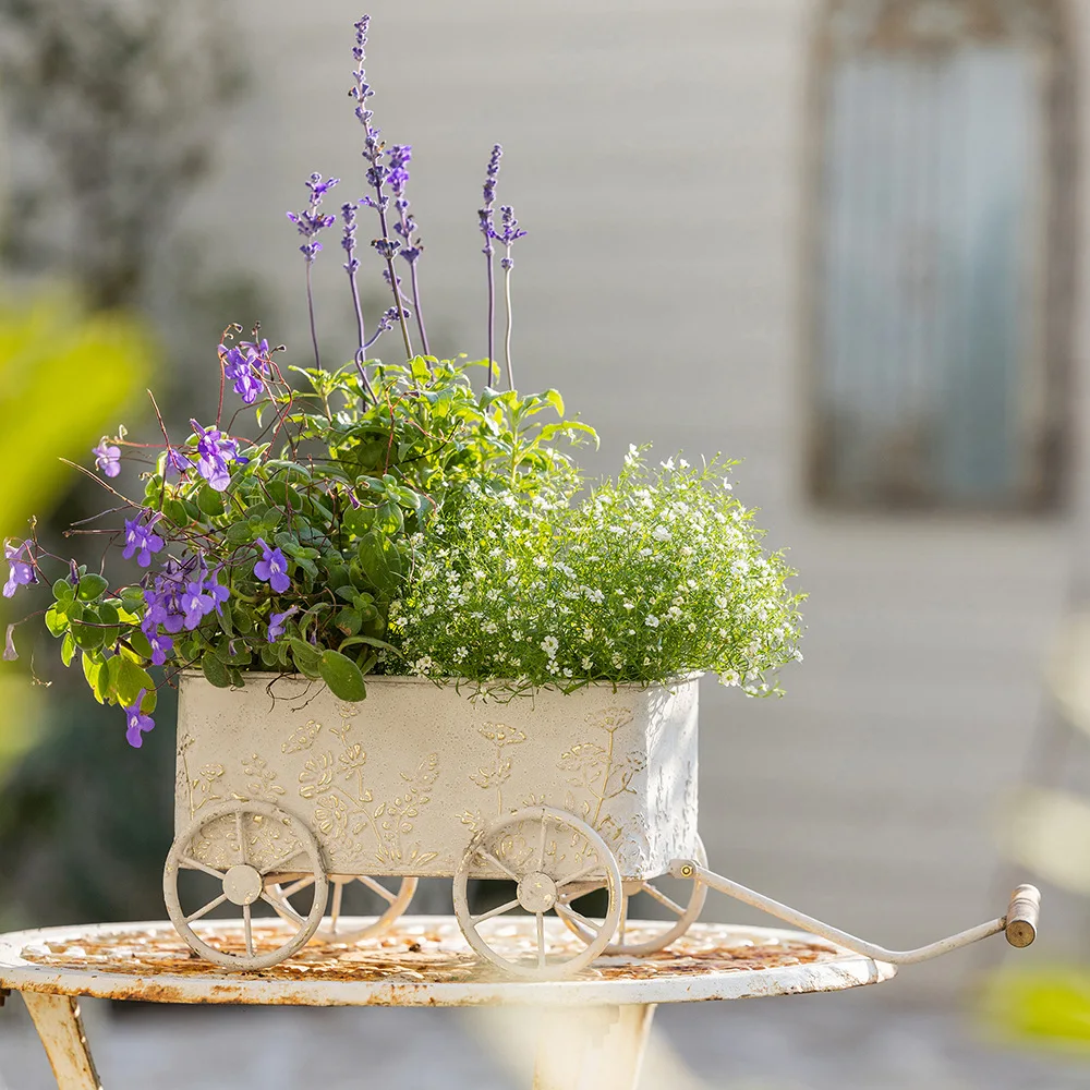 Gardening groceries, wrought iron cart, flower pot, old three-dimensional relief, outdoor garden, courtyard decoration