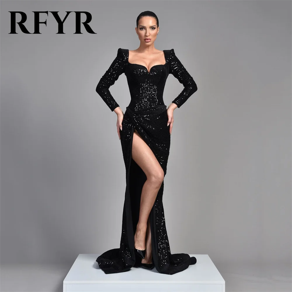 RFYR Sparkly Sequined Mermaid Prom Dresses Long Sleeves Sweetheart вечернее платье люкс Sexy High Split Wedding Party Dresses