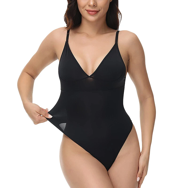 V Neck Shapewear for Women Tummy Control Bodysuit Thong Seamless Body Shaper Backless Sling Push Up Chest Corset Slimming Fajas