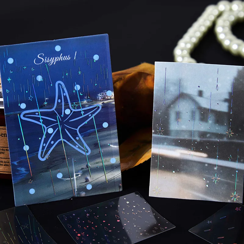 1pack/30pcs Laser Rain Themed Transparent Glitter Stickers Holographic Raindrop Decals Scrapbooking DIY Journal Craft Supplies view 4